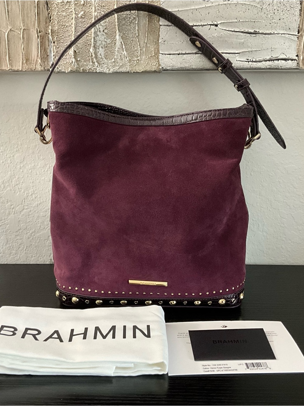 Brahmin Celina HEROIC PURPLE GLASGOW Bucket Shoulder Tote Bag W/Stud Accents